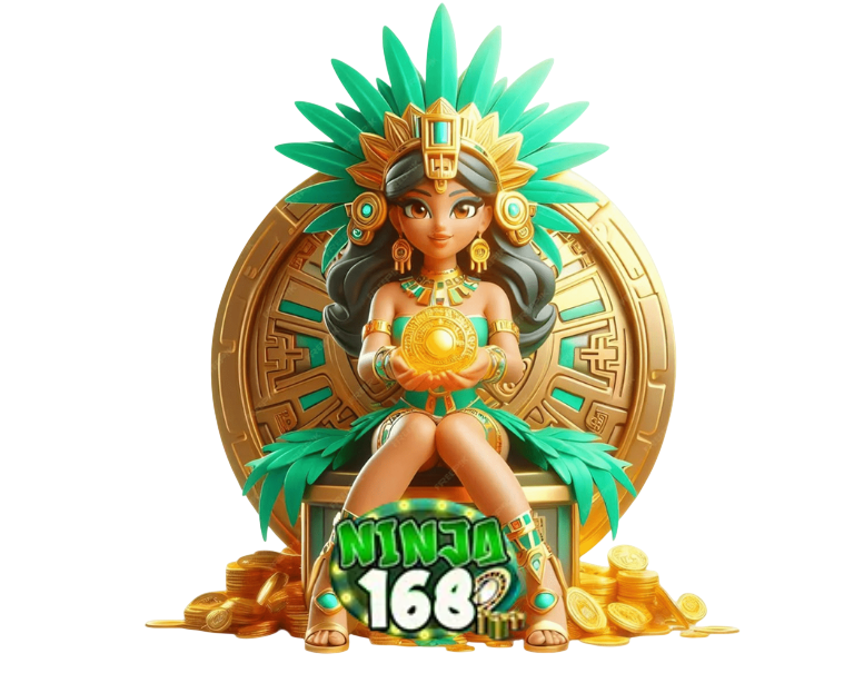 ตัวละครราชินีสไตล์แอซเท็กนั่งบนบัลลังก์ทอง มีโลโก้ NINJA168 โทนเขียวทองแนวสล็อตแฟนตาซี